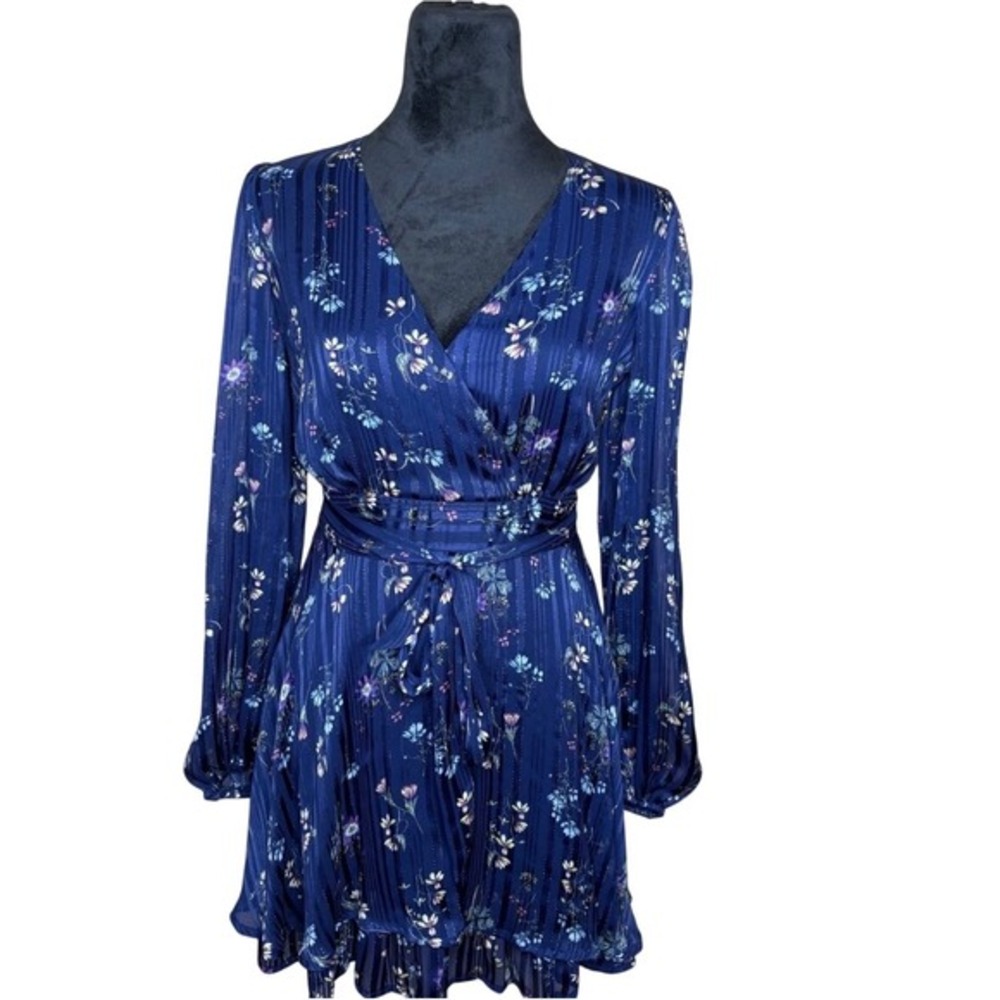 Allison‎ & Kelly Dress Navy Blue Floral Long Sleeve Wrap Mini Dress Small S
